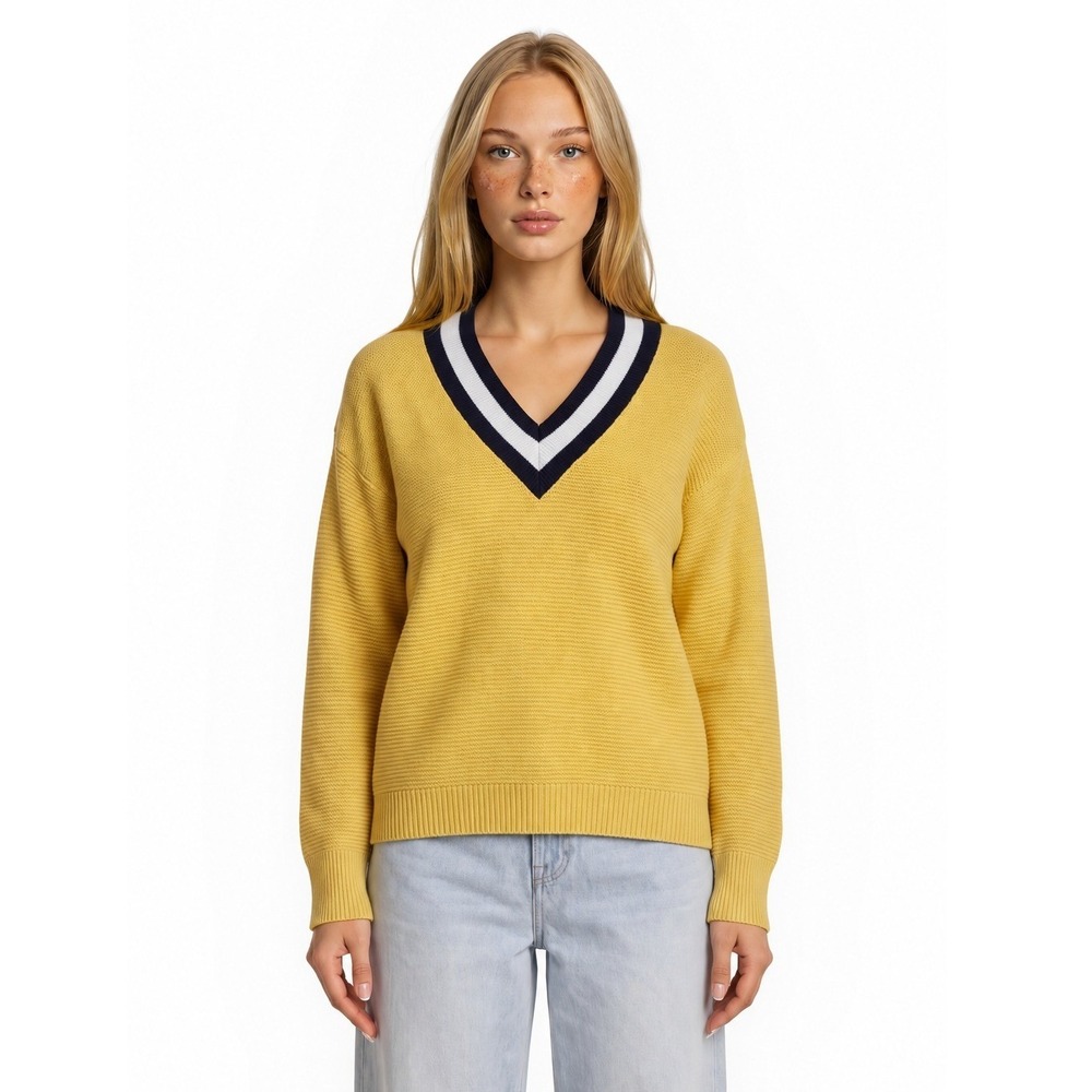 Chaps Sweater Women's Size Medium Yellow Navy Varsity 100% Cotton Long Sleeve
